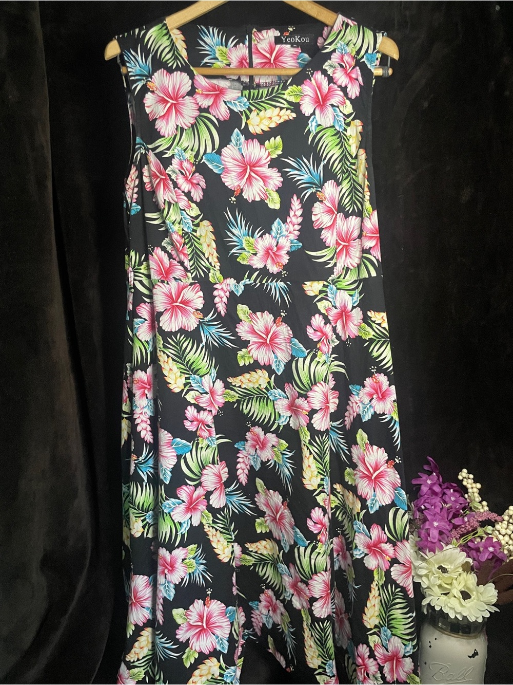 YeoKou Midi Summer Dress - Black/Pink/Green Hibiscus Size-XL